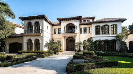 Fototapeta premium Luxurious Mediterranean-style mansion with a grand entrance, arched windows, landscaped yard, and palm trees, under clear blue sky.