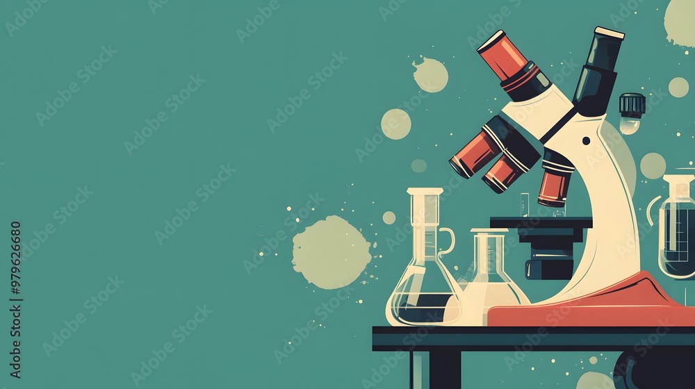 Poster a microscope and laboratory equipment on a table with a green background