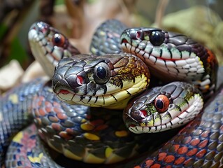 Fototapeta premium Close-up of four colorful snakes with their heads together looking at the camera.
