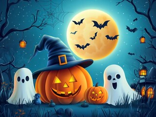 Spooky Halloween Ensemble with Pumpkins and Ghosts