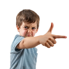A kid with one hand held up, as if pushing something away, with a grimace. isolated on transparency background