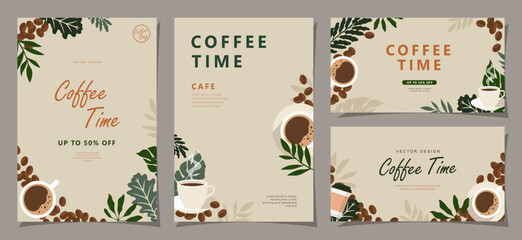  Set of sketch banners with coffee beans and leaves on minimal background for invitations, cards, banner, poster, cover, cafe menu or another template design. Vector illustration.