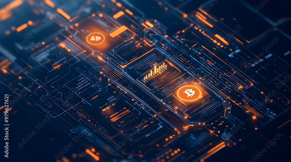 Poster glowing futuristic electronic circuit board with microchip and data lights