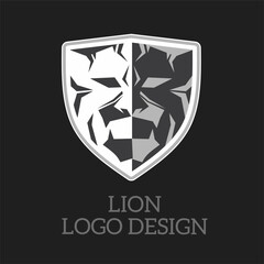 Lion head and shield monochrome color logo design vector