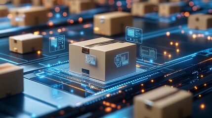 Smart warehouse management system identify package picking and delivery . Future concept of supply chain and logistic business 