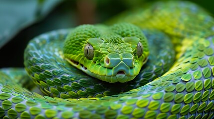Fototapeta premium A close-up of a green pit viper snake with its head tilted slightly to the side