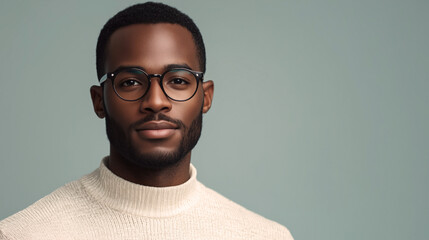 Obraz premium Retrato de hombre con gafas y una ligera sonrisa en la cara. Vestido con ropa moderna de color claro en una pose de tres cuartos. Fondo en color azul claro. Entorno elegante.