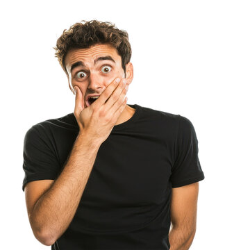 A man cowering slightly with one hand covering his mouth, eyes looking anxiously to the side isolated on transparency background