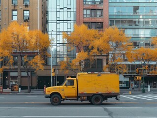 Obraz premium Yellow truck parked on a city street with autumn trees and modern buildings in the background, depicting urban logistics
