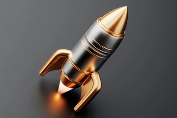Metallic rocket with golden accents launching with fire against dark background
