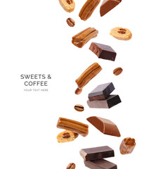 Creative layout made of coffee candies and chocolate on the white background. Flat lay. Food concept. Macro concept. 
