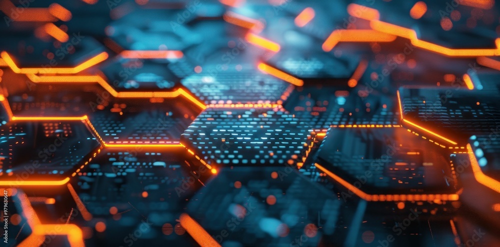 Poster futuristic hexagonal pattern with glowing orange lines on a dark background, representing technology