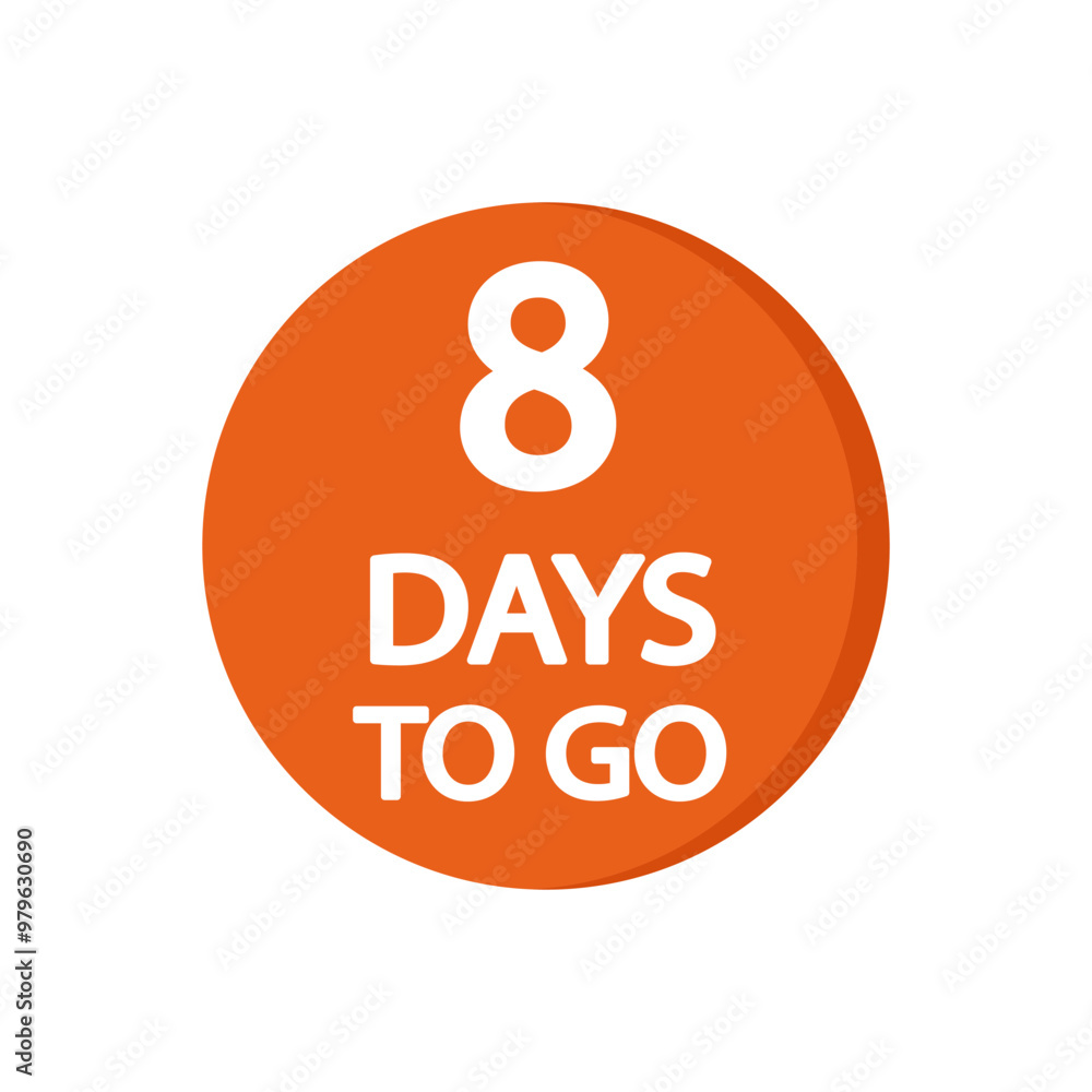 Poster 8 days to go icon. circular orange badge. countdown number eight text. vector time symbol.