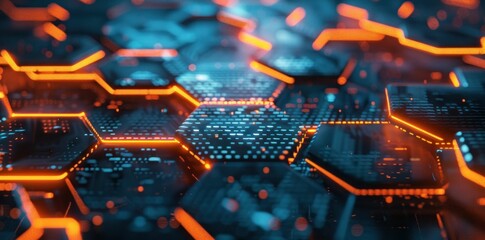 Futuristic hexagonal pattern with glowing orange lines on a dark background, representing technology and innovation