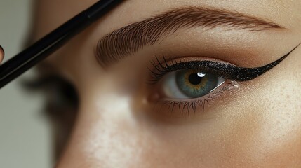 Close-up of a woman's eye with eyeliner being applied.
