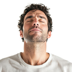 Obraz premium A man exhaling deeply with his eyes closed and shoulders relaxed, a relieved expression on his face isolated on transparency background