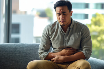 Young man suffering from strong stomach ache sitting on sofa at home