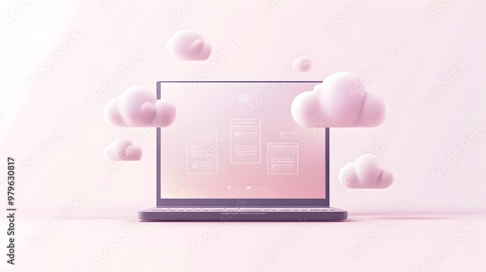 Poster laptop with floating clouds mockup on minimalist background