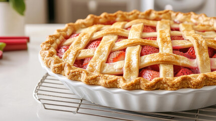 Delight in deliciousness of strawberry rhubarb pie, featuring golden flaky crust and vibrant red strawberries peeking through beautifully woven lattice top. This dessert is perfect for any occasion!