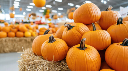 Artfully arranged pumpkins create vibrant display in market, showcasing their rich orange color and unique shapes. This festive scene evokes sense of autumn joy and harvest celebration