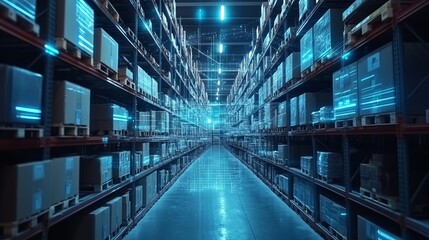 Obraz premium Smart warehouse management system identify package picking and delivery . Future concept of supply chain and logistic business 