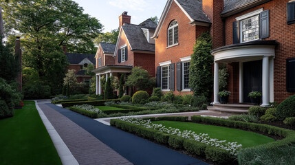 Brick houses with dark shutters and columns, featuring manicured gardens and lush greenery, with a paved walkway leading through the well-maintained suburban neighborhood.