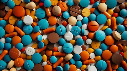 A colorful collection of brown blue and orange tablets and medication