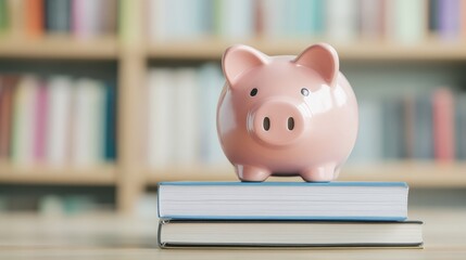 Piggy bank on stack of books in front of a library bookshelf