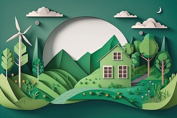 A vibrant green eco house nestled in a serene natural landscape with a windmill, surrounded by rolling hills and lush trees