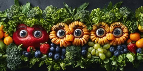A vibrant world where every fruit and vegetable is animated with charming traits and faces