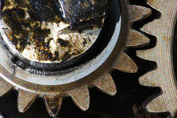 close up view of  gear wheel . Large cog wheels in the gearbox  of  engine .