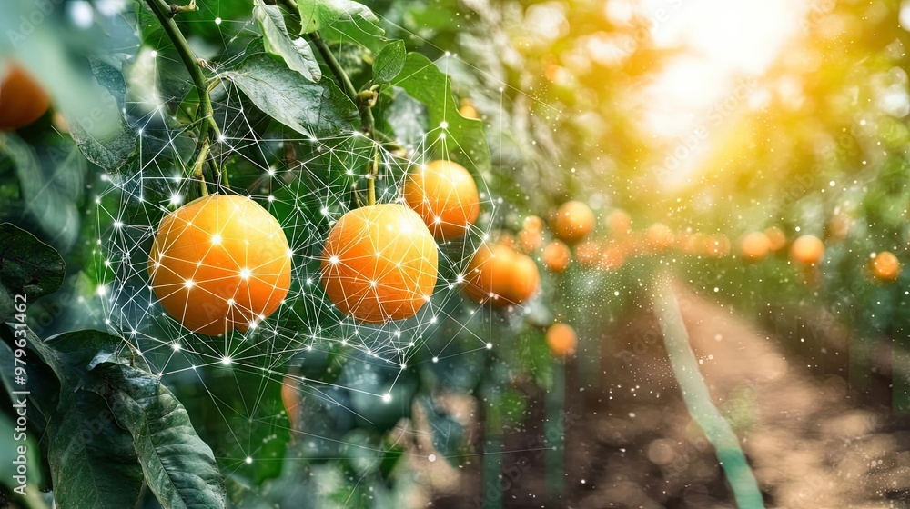 Aufkleber oranges on a tree branch with a glowing network overlay