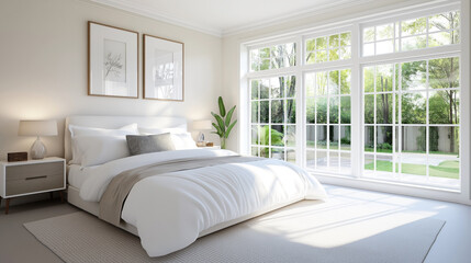 Fototapeta premium Bright and modern bedroom featuring a large bed with white linens, a wooden nightstand with a lamp, wall art, a potted plant, and large windows offering an outdoor view.