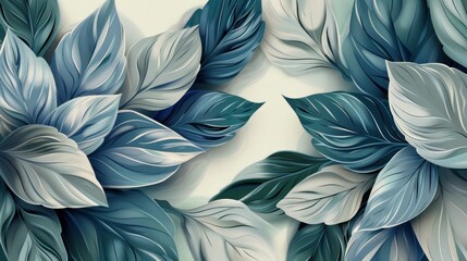 Decorative blue and green leaves pattern on a soft neutral background, showcasing intricate details and varying shades for a calming aesthetic