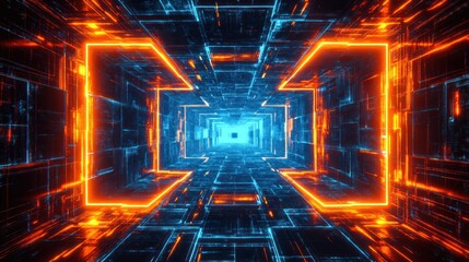Futuristic neon tunnel with glowing geometric shapes