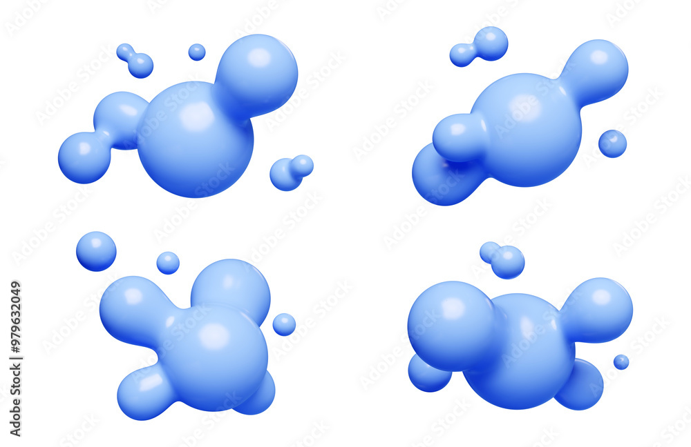 Poster blue abstract liquid metaball shape. 3d render illustration set of fluid soft bubble blob. organic b