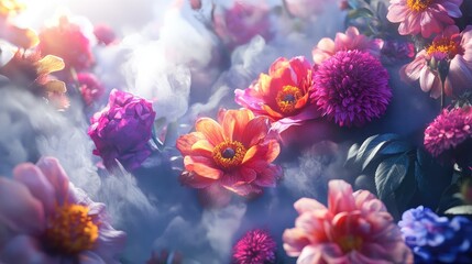 3D wallpaper illustration with vibrant flowers and steam for a dynamic, lifelike floral scene. No logos or people.