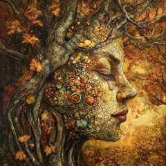 Nature-inspired woman portrait with autumn foliage, leaves, and fruits on a forest background, fantasy concept
