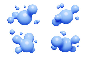 Blue abstract liquid metaball shape. 3d render illustration set of fluid soft bubble blob. Organic bright decorative sphere geometric form. Morphing ball aqua drop or molecule. Flow particles.