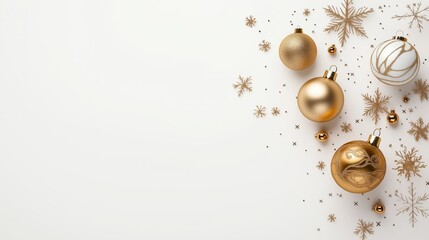 Golden and white Christmas baubles with glitter snowflakes on a white background. Minimalist holiday decoration arrangement with copy space for festive greeting card or invitation design.