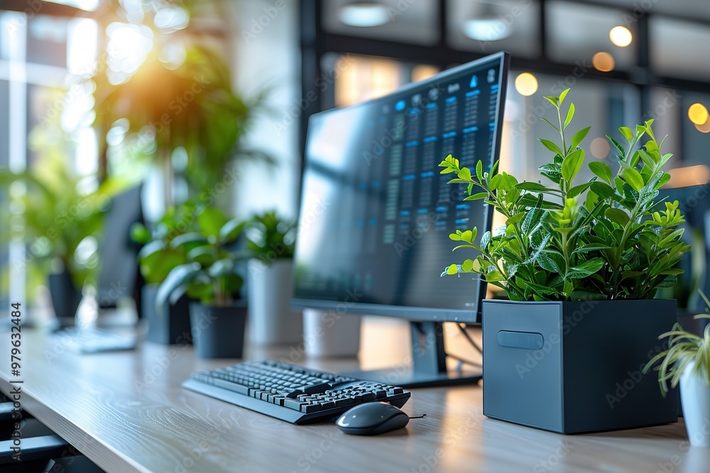 Poster a computer monitor sits on a desk with a potted plant in front of it
