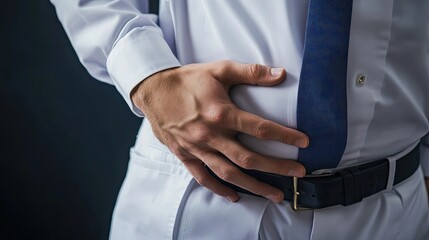 A close-up of a man's hand resting on his stomach while wearing a white shirt, a blue tie, and a black belt.