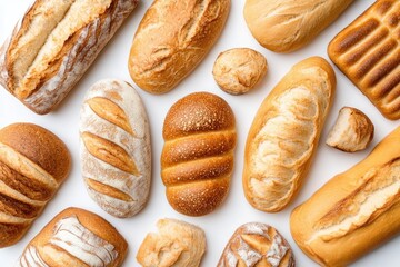 Flat lay of freshly baked bread on a white surface, artisanal style, high contrast