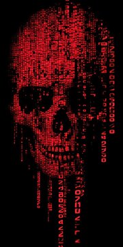 Red digital skull with numbers and fragmented data effects