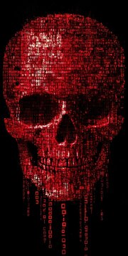 Red digital face with distorted code fragments, abstract