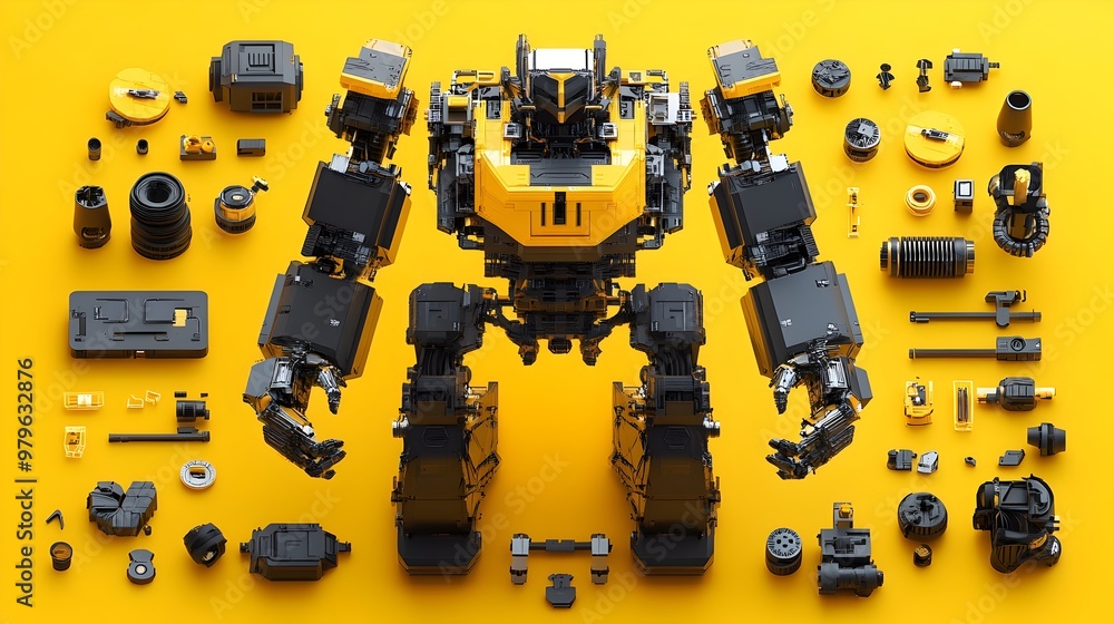 Poster disassembled futuristic mech robot with various mechanical components