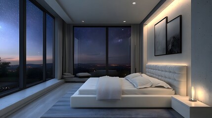 Fototapeta premium Tranquil Modern Bedroom with Breathtaking City Skyline View at Dusk