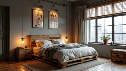 Generative AI, a bedroom with a bed and a chair in it and a window with a view of the city outside, vray render, a 3D render, postminimalism
