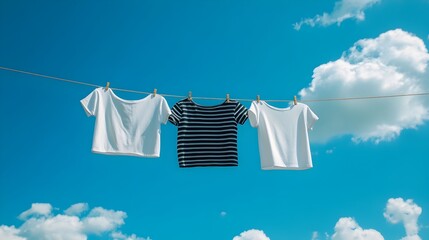 Freshly Washed Clothes Drying on Clothesline Against Blue Sky with Clouds