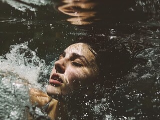 Fototapeta premium A woman with her eyes closed submerged in water, with bubbles around her face.